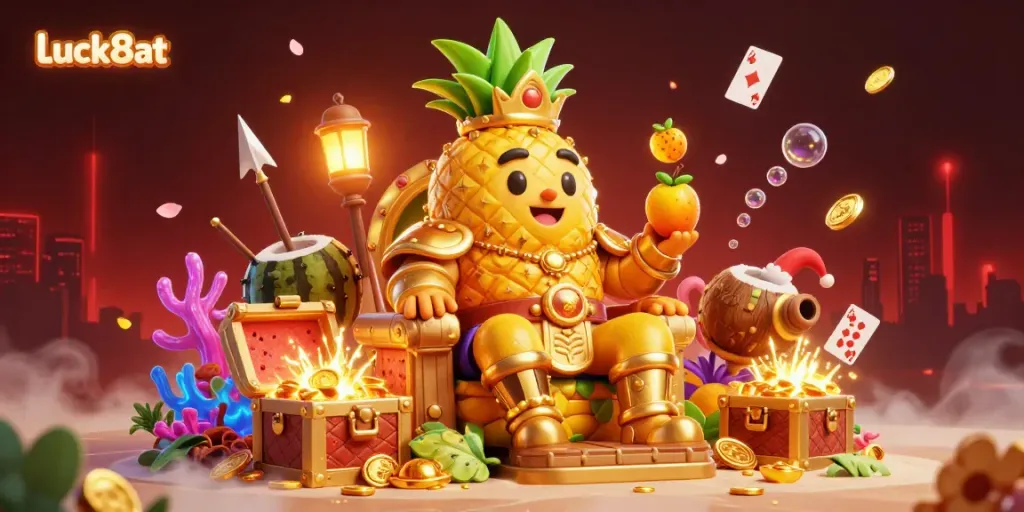 Engage with luck8at's vibrant beach casino scene featuring a pineapple king, jester, and gold coins.