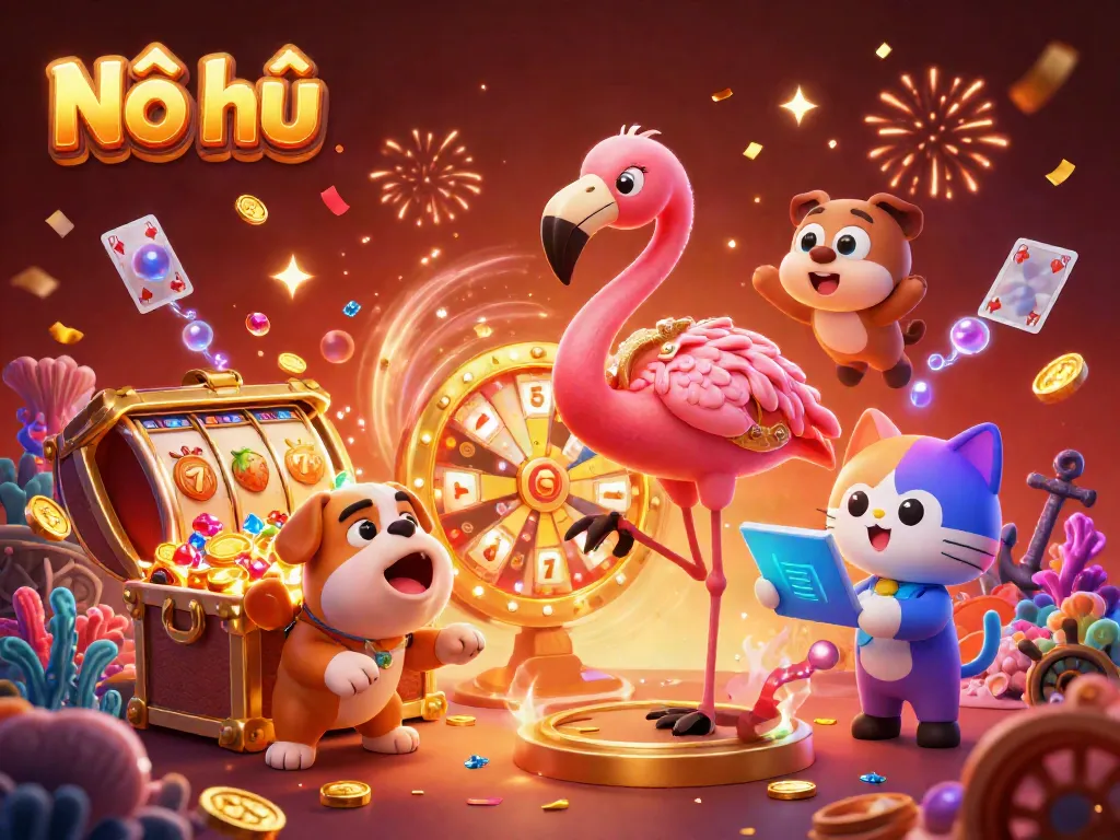 Nổ hũ interactive gaming scene with a flamingo host, bulldog contestant, and cat assistant revealing exciting prizes amid a vibrant slot environment.