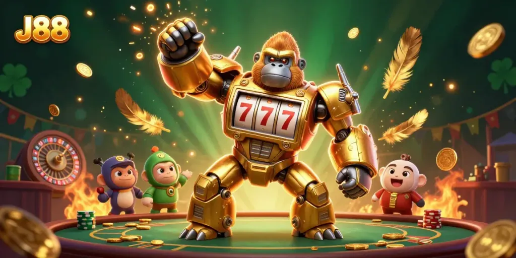 Engage with J88, the golden gorilla mech celebrating wins in a lively casino environment.