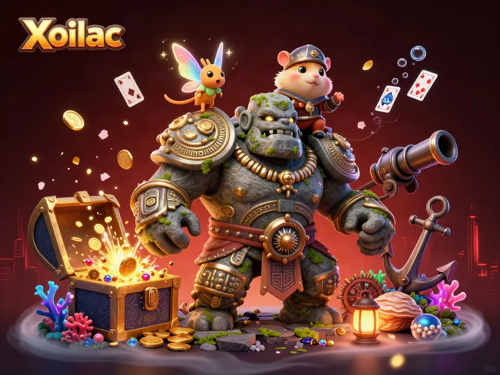 Xoilac brings excitement as a golem guardian interacts with a fairy and a hamster knight, surrounded by treasures.