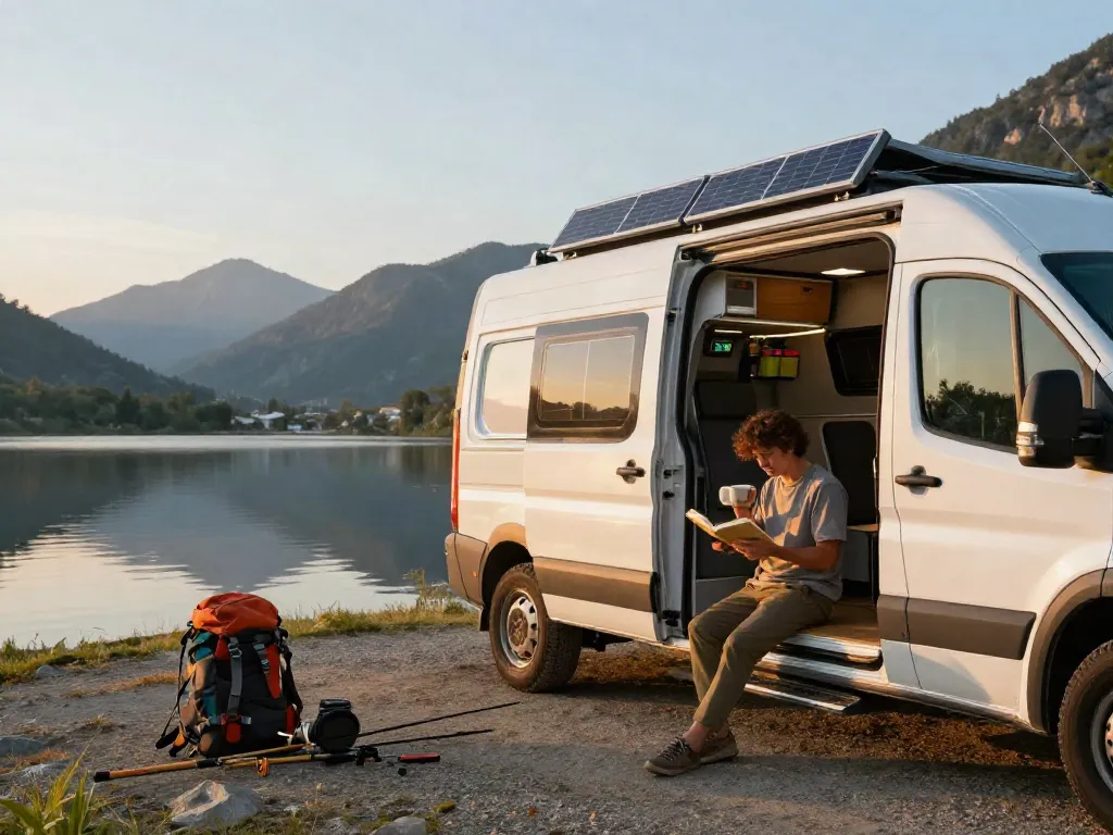 Person enjoying coffee by a camper van with a visible lithium RV battery under sunrise.