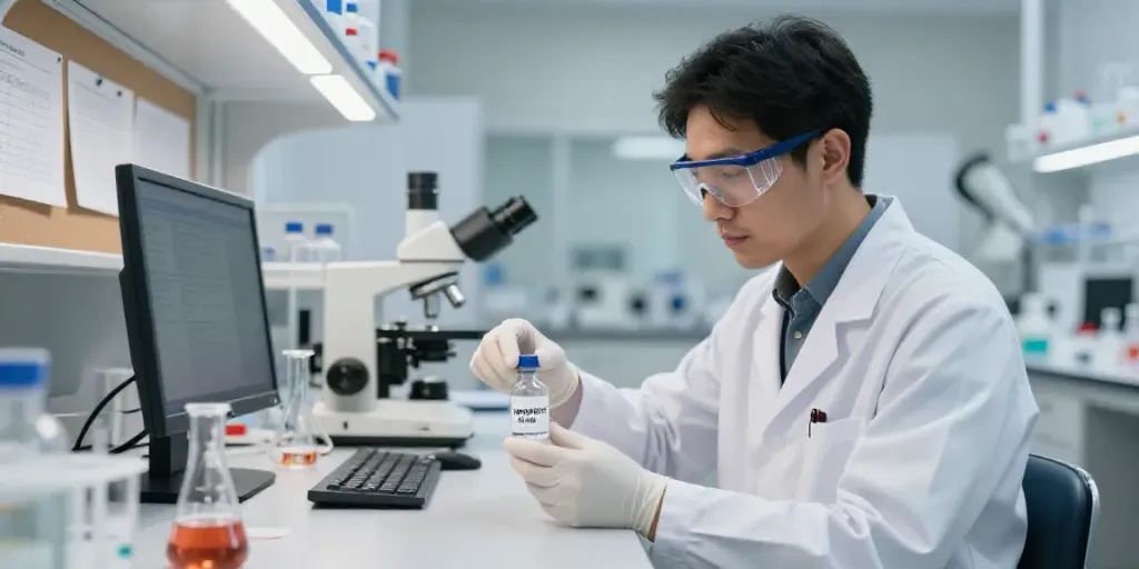 Examining NOOPEPT 20 MG Pellets in a professional lab environment with scientific equipment.