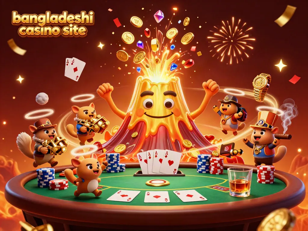 Experience the excitement of the bangladeshi casino site with a lively scene of winning treasures erupting from a golden volcano.