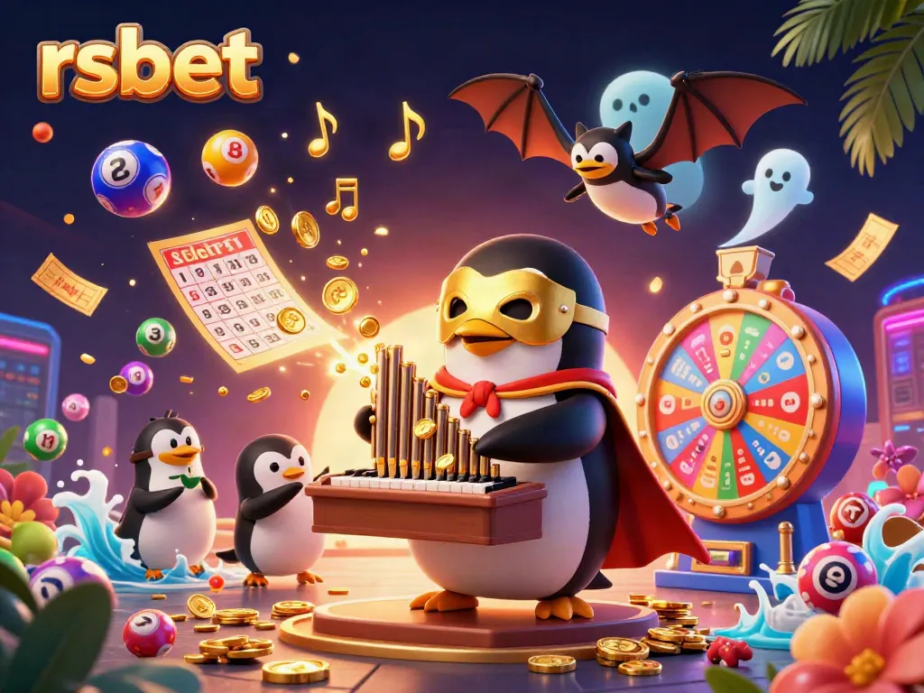 Experience the excitement of rsbet with a vibrant 3D carnival scene featuring a phantom penguin, golden coins, and lottery elements.