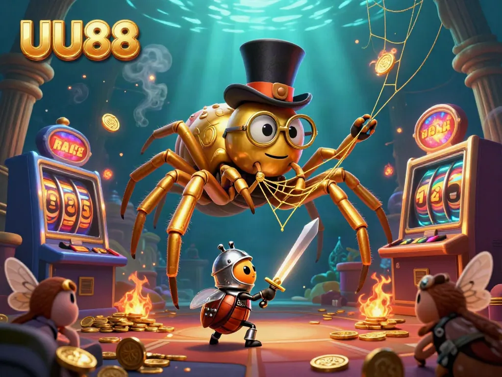 Engage with UU88's vibrant casino world through a dynamic illustration capturing action-packed gaming excitement.