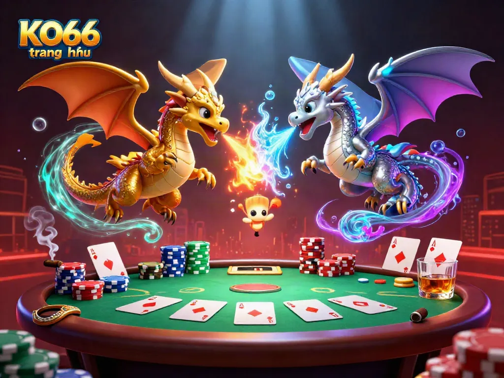 Experience excitement at KO66 trang chủ with dynamic gaming featuring dragons, poker elements, and vibrant casino atmosphere.