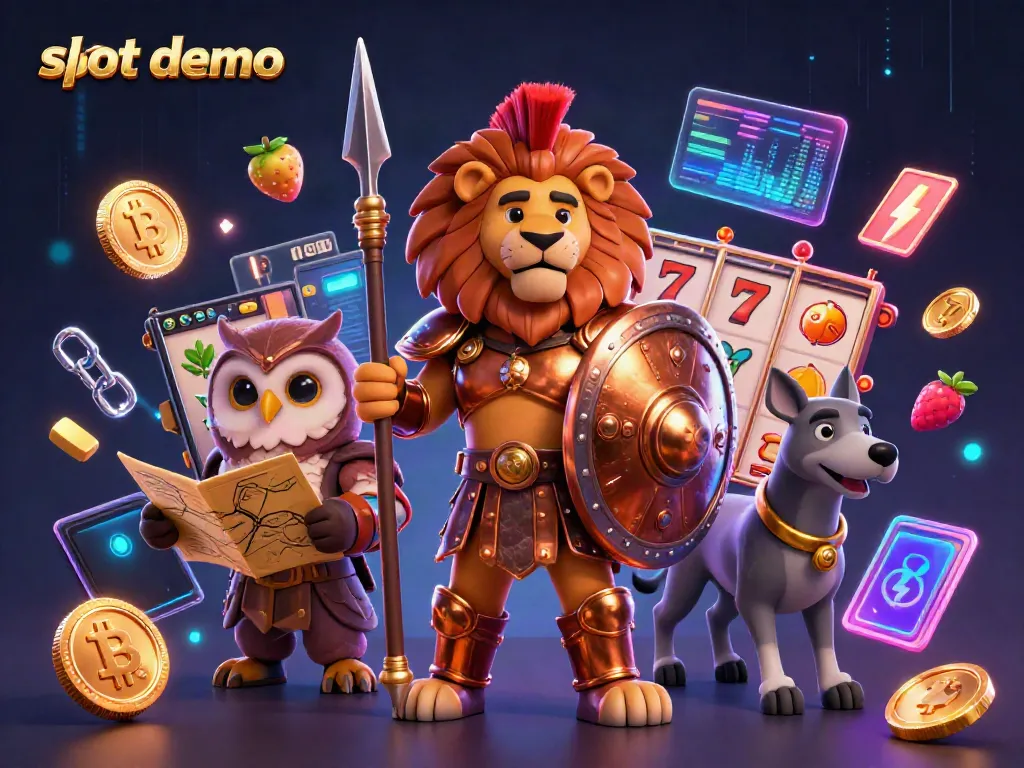 Experience thrilling slot demo action with a 3D Spartan lion and vibrant gaming elements.