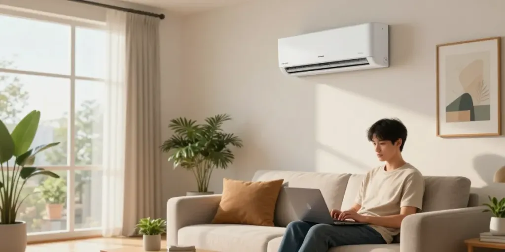 Mini split AC in a stylish living room, enhancing comfort and productivity.