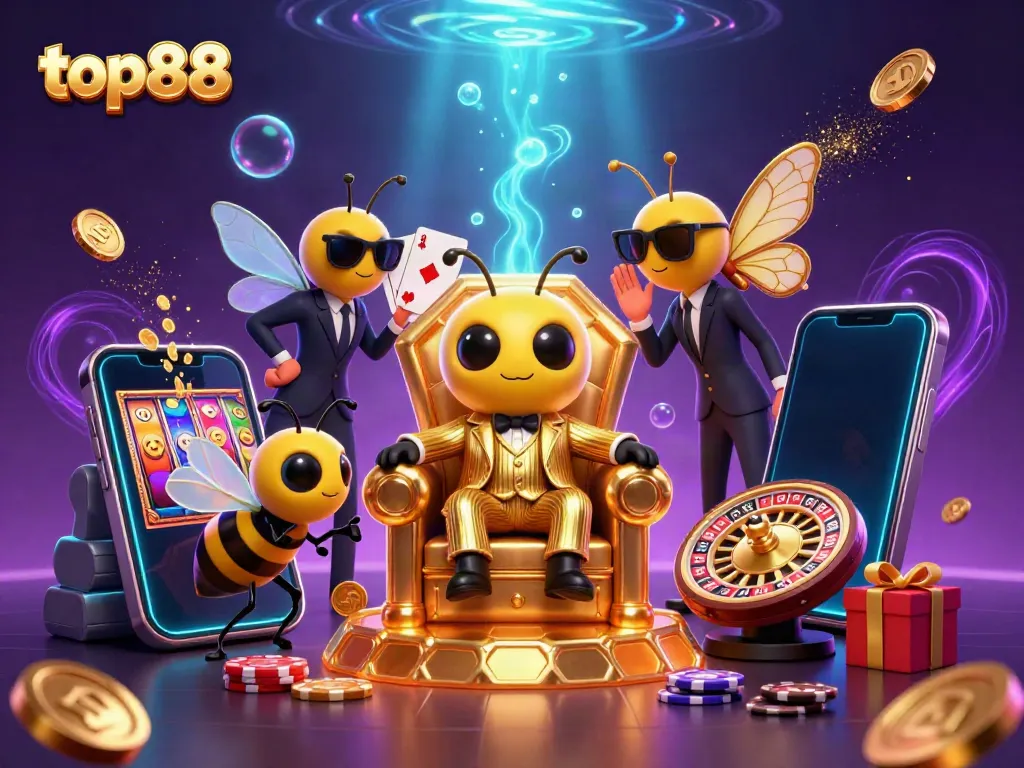 Engage with top88 in a vibrant 3D casino scene featuring a bumblebee mob boss and games.