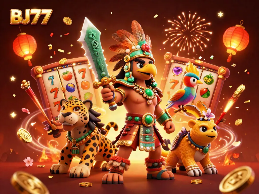 Experience thrilling slots at BJ77 with Aztec warriors, lucky symbols, and vibrant celebrations.