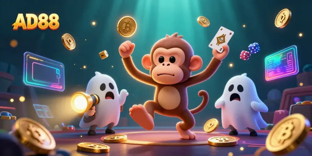 Experience the excitement of AD88 with a playful ghost and gold-coin juggler in a vibrant casino.