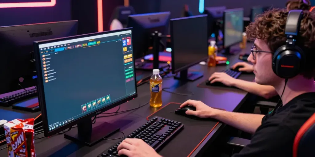 Dewalangit daftar dengan pemain terfokus pada permainan lotere online di lingkungan gaming profesional.