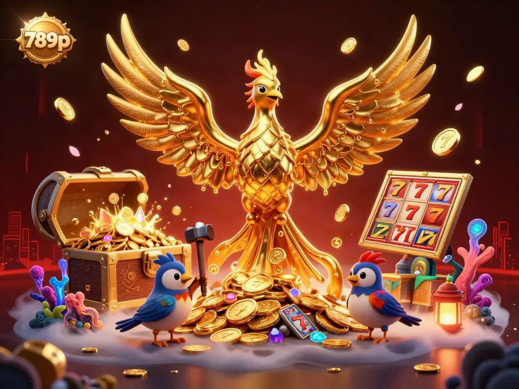 Engage in thrilling gaming experiences with 789p's golden phoenix soaring amid shining jackpots and colorful treasures.