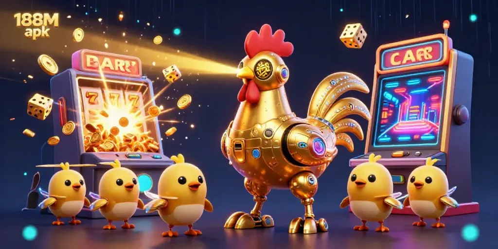Experience the excitement of casino gaming with 188M apk, featuring a golden robot and baby chick drones in a vibrant slot machine scene.