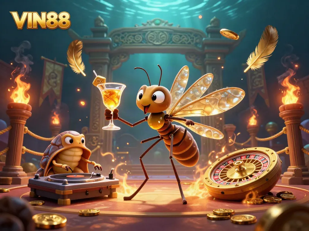 Experience the vibrant casino world of VIN88 through a lively scene featuring unique characters and gaming elements.