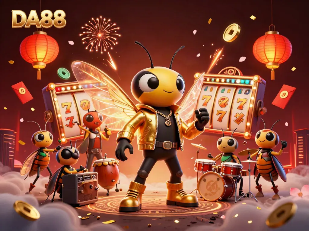 Engage with DA88's vibrant casino scene featuring animated characters celebrating wins.