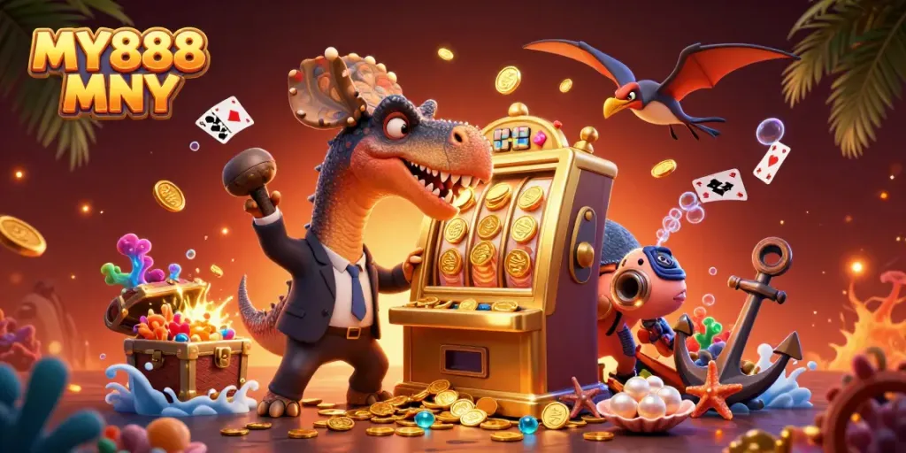 Experience the excitement at MY888 MY as cartoon dinosaurs and a golden slot machine celebrate jackpot wins with flying coins.