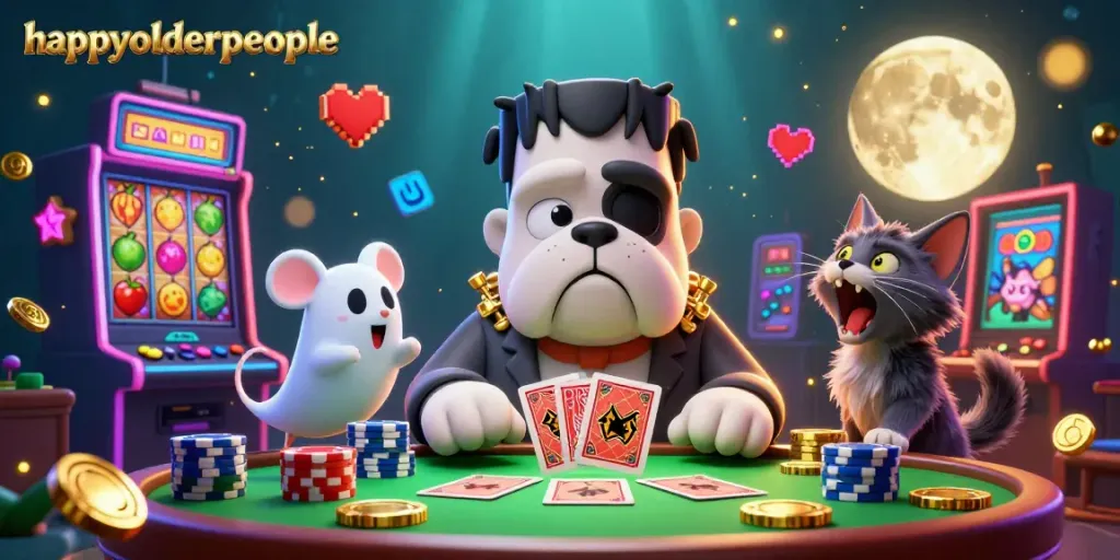 Experience thrilling card games with happyolderpeople featuring a bulldog dealer amidst vibrant slot machines.