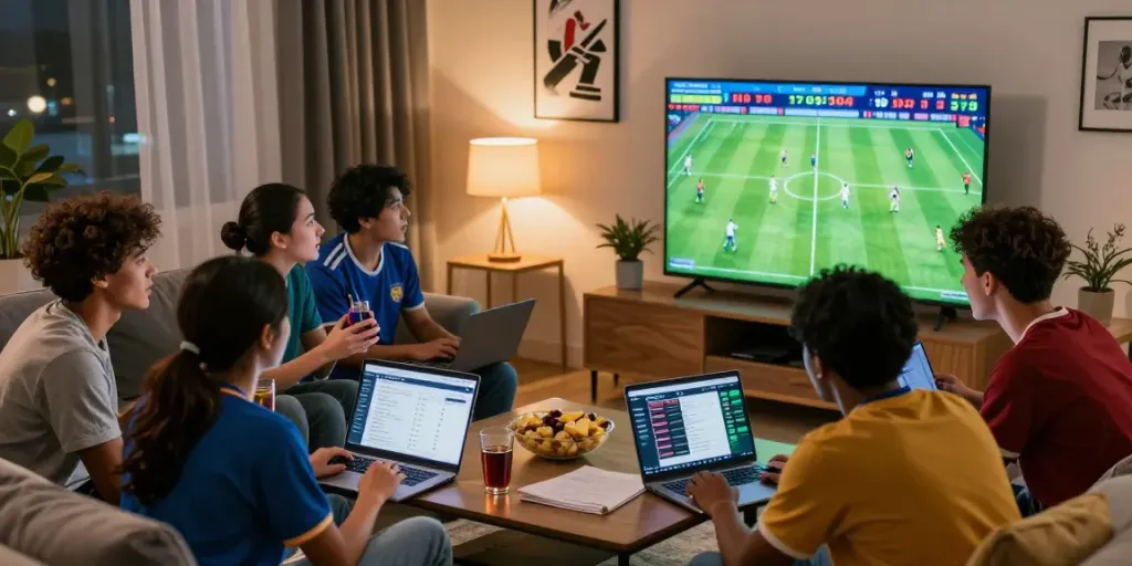 Friends excitedly analyze soccer match odds with WWBOLA platform in a lively living room.