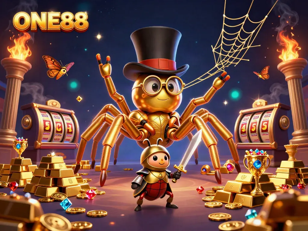Engage in thrilling gameplay with ONE88's vibrant casino scene, featuring rich golden treasures and playful characters.