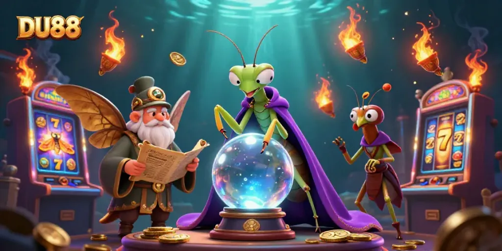 Engage with DU88's mystical slot realm featuring a fortune teller and golden moth librarian.