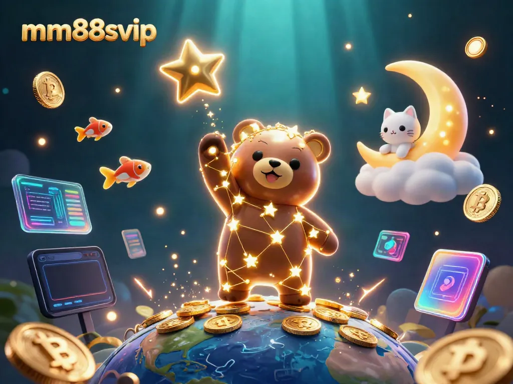 Experience the magic of mm88svip as a constellation bear scoops coins amidst vibrant crypto elements.