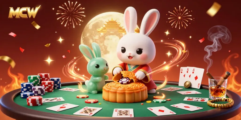 MCW showcases a dynamic gaming scene with a moon rabbit amidst poker chips, highlighting casino excitement.