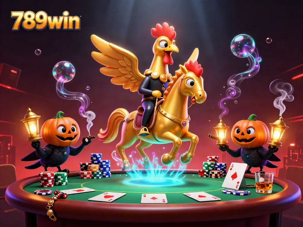Experience the thrilling ambiance of 789win with a golden rooster symbolizing luck amidst colorful poker chips and vibrant casino elements.