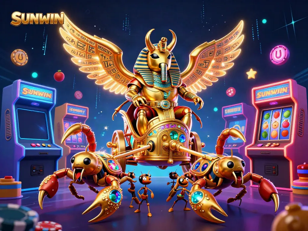 Engage in thrilling gameplay at SUNWIN with a vibrant casino-themed illustration showcasing a colossal scarab and dynamic gaming elements.