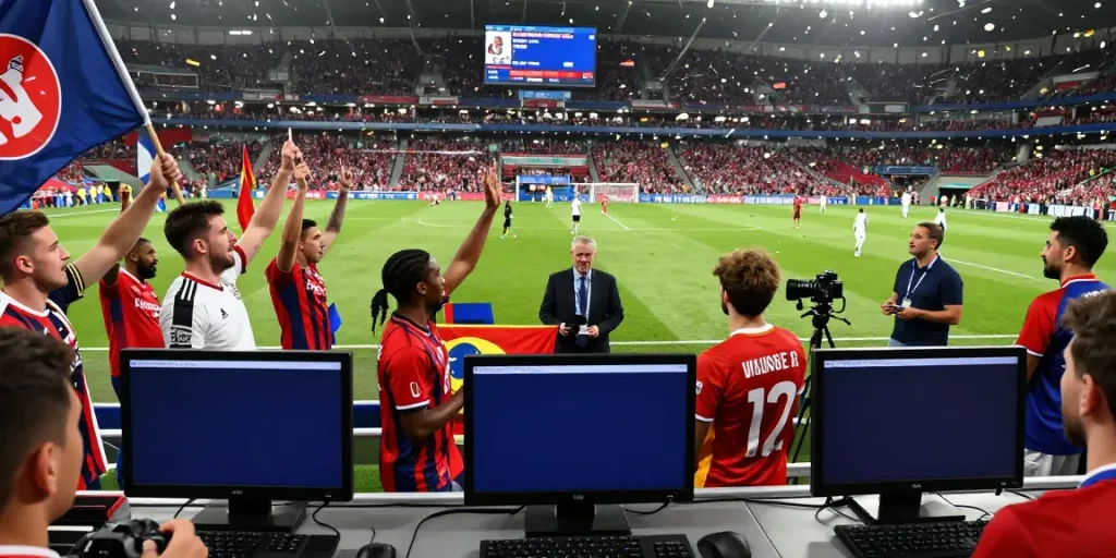 Exciting football transfer market scene with fans celebrating ข่าวซื้อขายนักเตะ and digital screens displaying live updates.