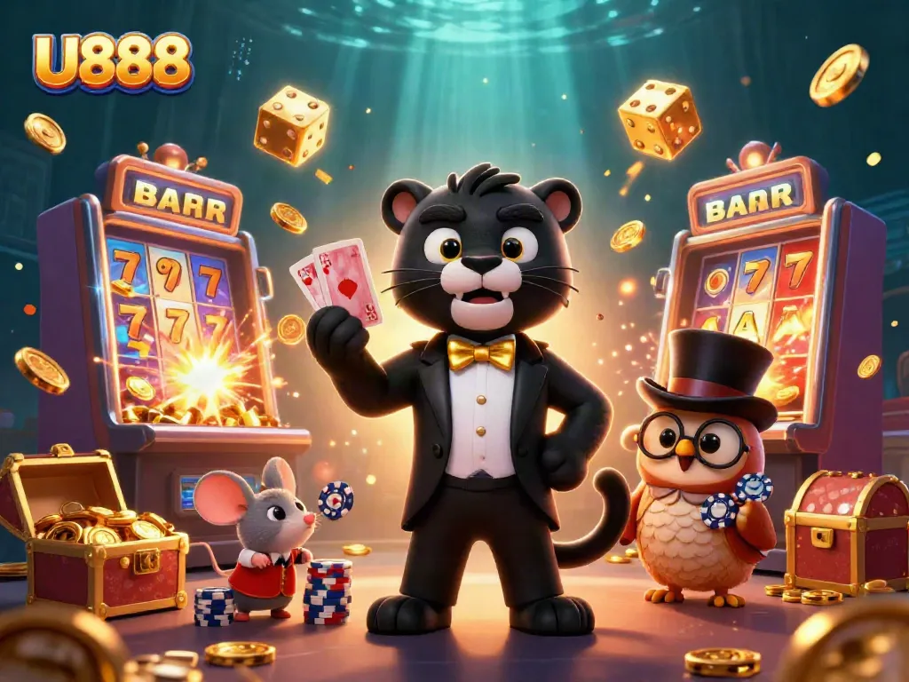 Experience U888's thrilling casino atmosphere with a stylized 3D panther dealer, an owl with chips, and winning symbols.