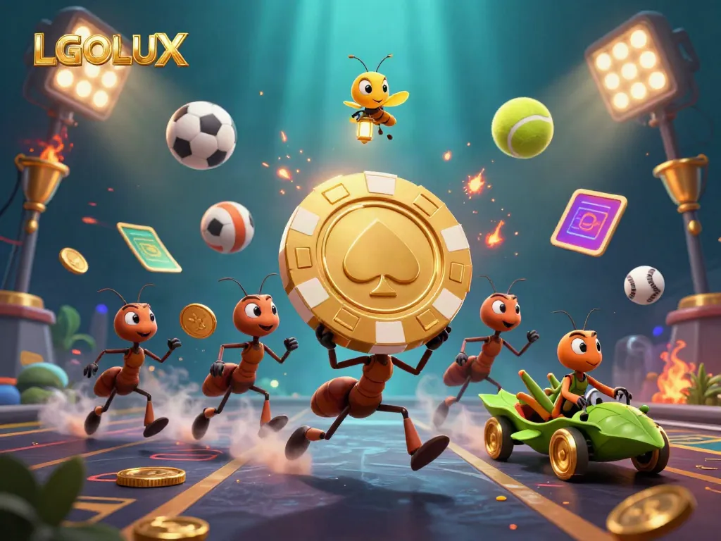 Experience the excitement of LGOLUX with ants heisting a golden poker chip amidst dynamic gaming elements.