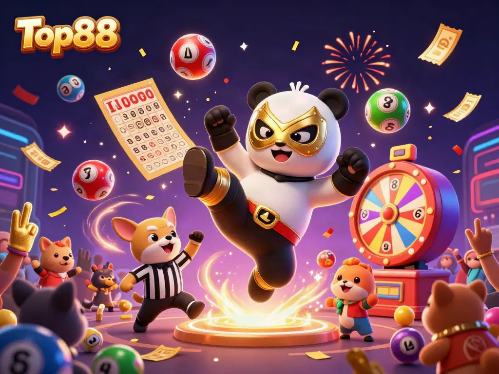 Top88 showcases excitement with colorful lottery balls, a lively panda wrestler, and animated crowd cheering.