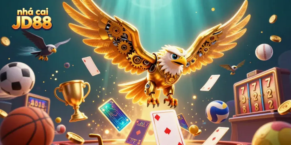 Engaging scene of nhà cái JD88 showcasing a golden eagle soaring through holographic cards filled with dynamic sports elements.