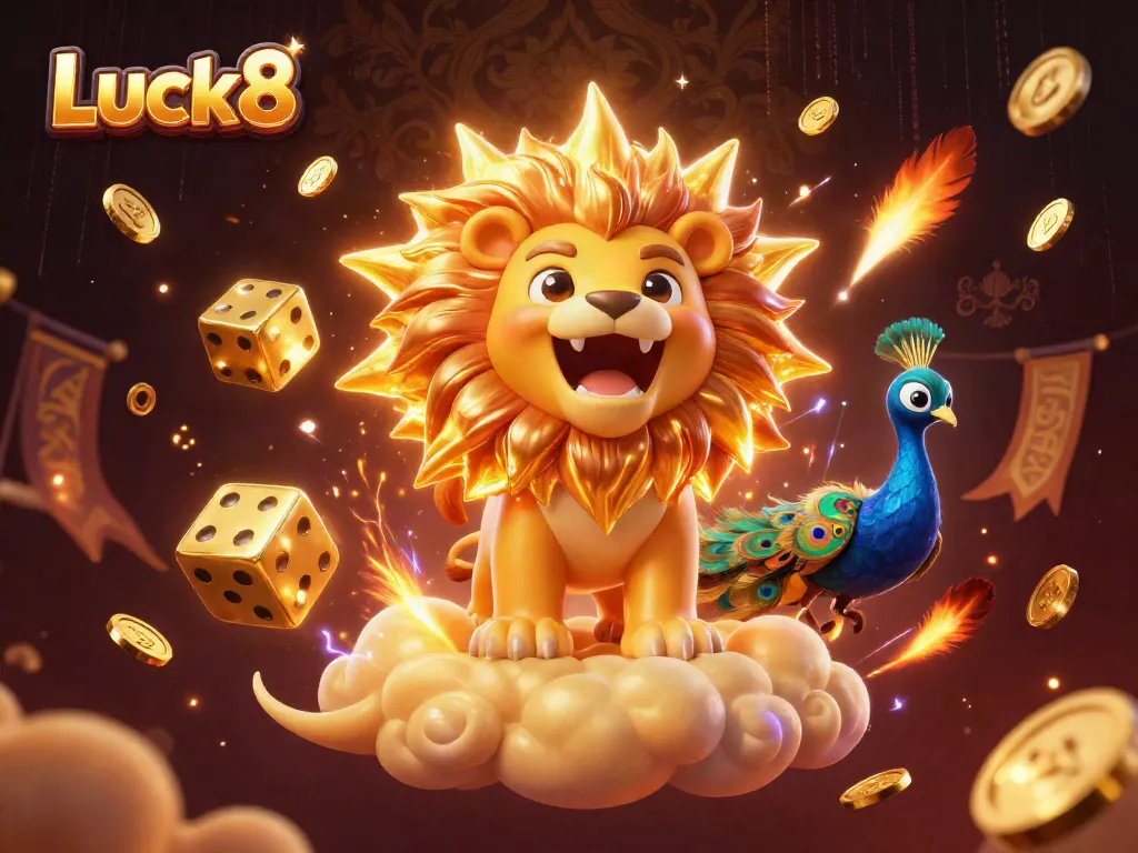 Luck8 offers thrilling gaming experiences with a vibrant illustration of a roaring lion and golden dice.