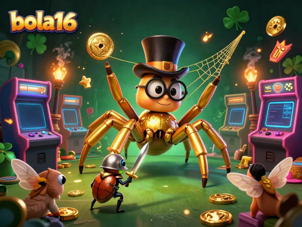 Engage with the exciting world of bola16, featuring a golden tarantula, a beetle knight, and glimmering casino elements.