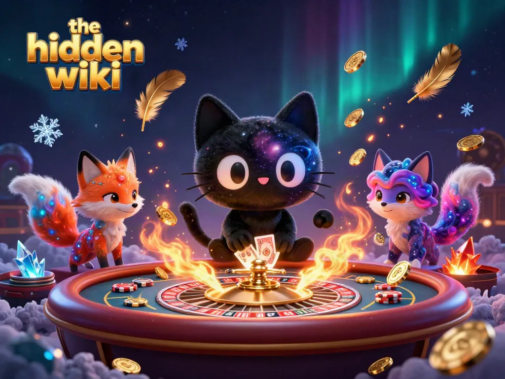 Engaging gambling scene featuring the hidden wiki cat at a whimsical casino table, attracting golden poker chips and cards.