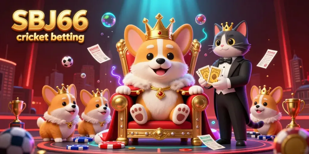 Experience the thrill of SBJ66 cricket betting with our colorful 3D illustration featuring a royal corgi and betting elements.