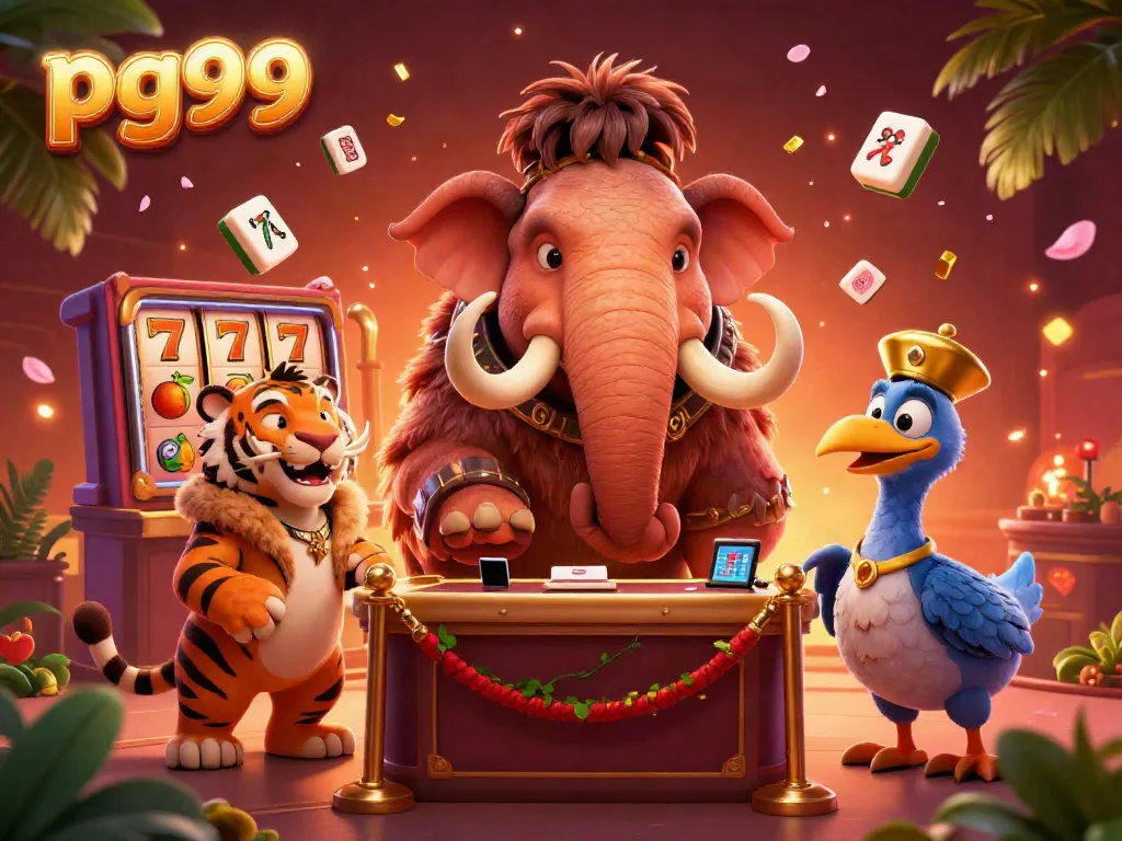 Experience the vibrant casino scene of pg99 featuring unique characters like a woolly mammoth bouncer and saber-tooth tiger guest.