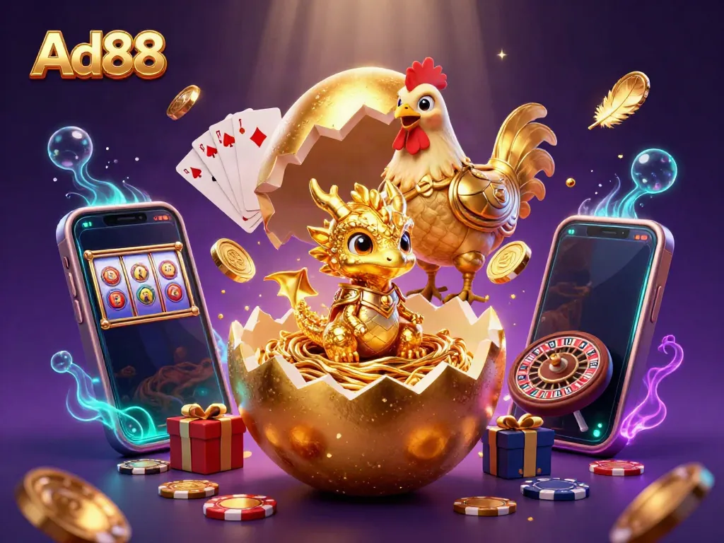 Ad88 showcases a golden dragon emerging from a nest of poker chips in this vibrant casino illustration.