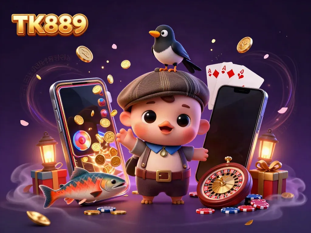 Play the colorful slot games at TK889 with 3D cartoon characters and vibrant casino elements.