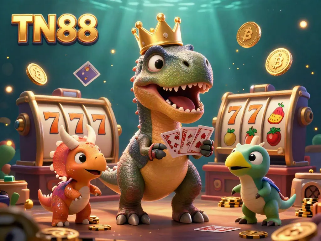 Experience thrilling winnings at TN88 while a T-Rex shuffles cards with dinosaur friends among bright casino elements.