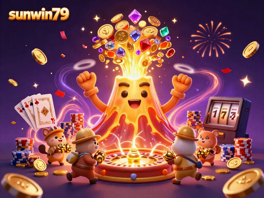 Spin and win at sunwin79 with vibrant 3D casino elements showcasing treasure and excitement.