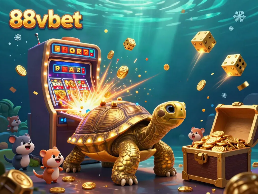 Play exciting games with 88vbet at the vibrant digital casino featuring a jubilant tortoise and jackpot symbols.