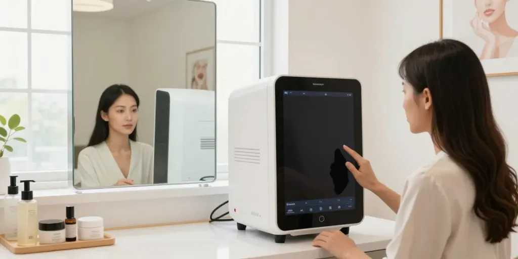 Woman reviewing Alternatives to QOVES facial analysis results on her smartphone in a bright beauty studio.