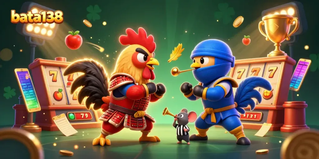 Engage with bata138's thrilling slots and casino action featuring dynamic roosters in combat.