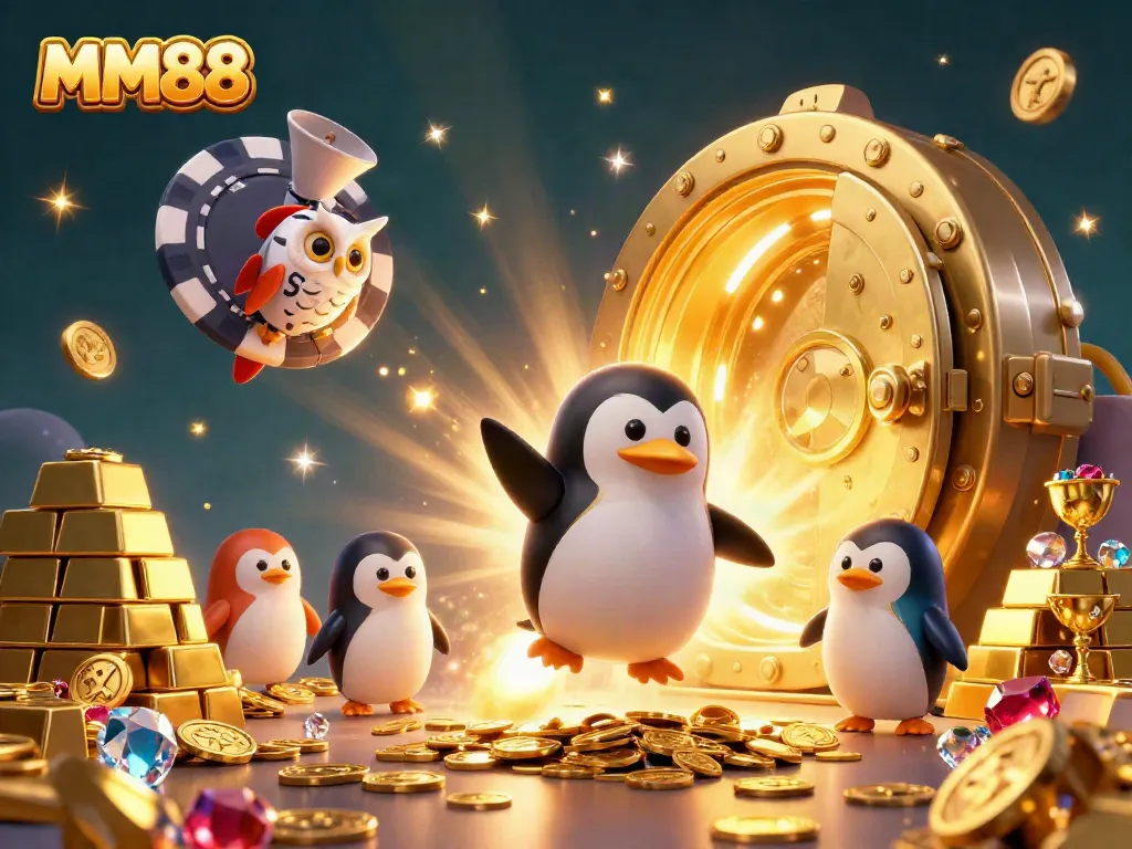 Experience exciting gaming adventures at MM88, showcasing a thrilling scene with a golden penguin and casino space station.