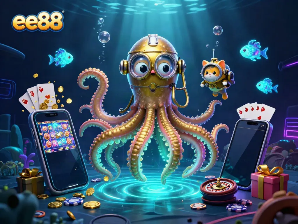 Engage with ee88’s dynamic casino experience featuring a kraken and diving cat among slot games.
