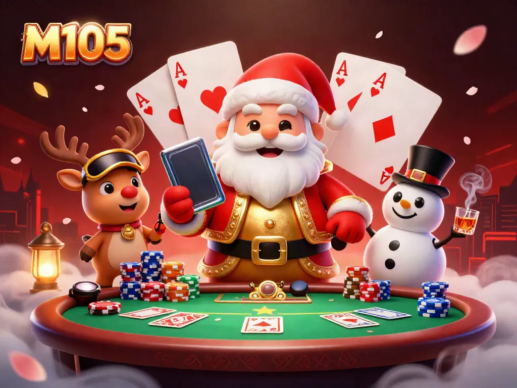 Experience the excitement of M105 casino games with Santa, his reindeer dealer, and a poker chip snowman.