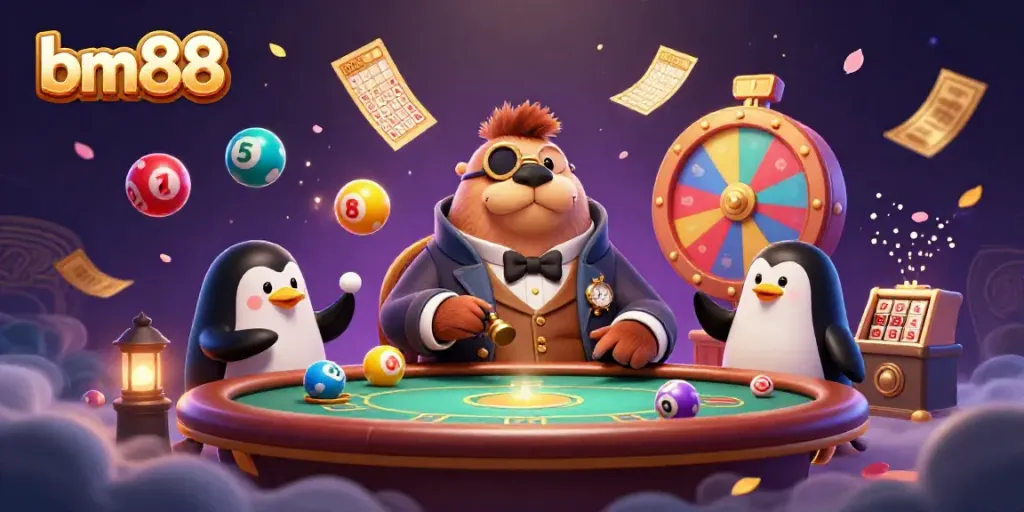 Experience the thrilling excitement of bm88 with a jolly walrus playing poker underwater, surrounded by lottery elements.